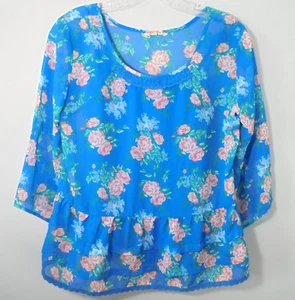 Mudd Girls Junior size 16 Floral Tank Top Blouse Overlay 3/4 Sleeves Ruffle Blue - Picture 1 of 15