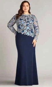 Tadashi Shoji Too Pacific Blue Embroidered Floral Lace Crepe Gown Size 20W $538 - Picture 1 of 4