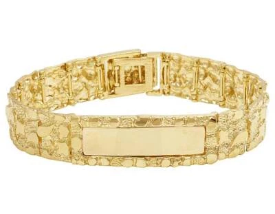 Men's Real 10K Yellow Gold Nugget Style Designer Solid ID Bracelet 16MM 8" - Image 1 of 3