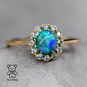 Halo Diamond Australian Semi-Black Opal Tsavorite Engagement Ring 18K Gold - Picture 1 of 12