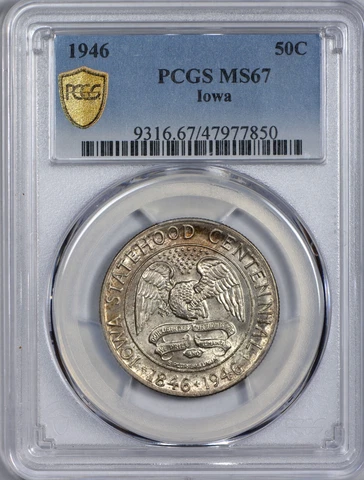 1946 50c Iowa Centennial Commemorate PCGS MS67 - Secure Holder - Original Toning Cover