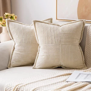 Corduroy Pillow Covers with Splicing Set of 2 Super Soft Boho Striped Pillow Cov - Picture 1 of 12