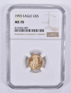 1993 1/10 oz $5 American Gold Eagle MS70 NGC Brown Label - Picture 1 of 5