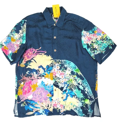 Новый с Ярлыками Citron Santa Monica мужской XL темно-синий шелк смесь цветочный кнопка вверх рубашка читать - Изображение 1 из 4