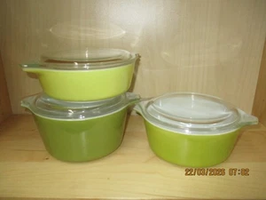 3 Vintage PYREX "Verde" Green Casserole Set, #471, 472, 473 + Lids - Picture 1 of 5