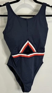 Tommy Hilfiger Womens One Piece Navy Blue Swimsuit Red White Trim Cutout 8 - Picture 1 of 8