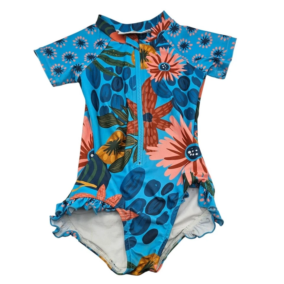 Traje de baño Oopsie Daisy Boutique niñas talla 3T de una pieza floral con volantes azul Foto 1 de 4