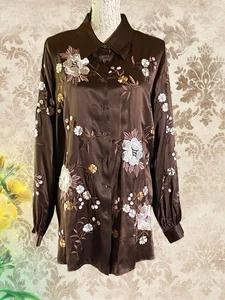 M Vtg Spiegel Dark Brown Embroidered Silk Long Slv Button Down Tunic Blouse rose - Picture 1 of 8