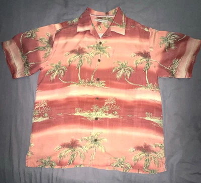 Men's Size Medium TOMMY BAHAMA Button Up Dress Shirt Hawiian Palm Tree 100% Silk - Image 1 of 4