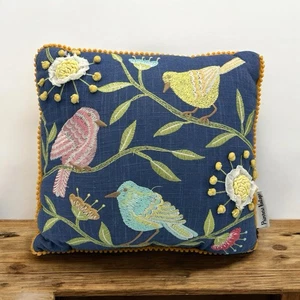 PRIMROSE VINTAGE Embroidered Birds Crewel 3D Floral Garden Accent Pillow BOHO - Picture 1 of 9