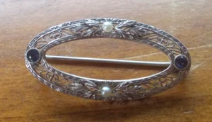 Antique 14K White Gold 1 1/4" Oval Filigree Bar Pin Pearls Sapphines 2 grams - Picture 1 of 7