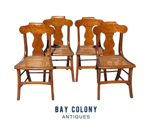 19TH C ANTIQUE SET OF 4 CURLY MAPLE & BIRDS EYE MAPLE SABER LEG DINING CHAIRS Cover