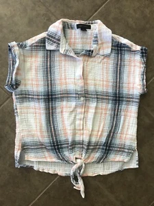 Camisa a Cuadros Sanctuary Para Mujer Corbata Frontal Cuello Abotonado Blanco Rosa Azul Talla S - Imagen 1 de 10
