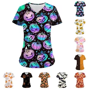 Women's Button V Neck Fashion Casual Halloween Print Tops Dry-nurse Top,Scrubs - Picture 1 of 39