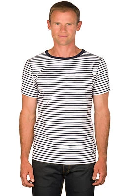 Ugholin Herren Slim Fit Baumwolle Weiß und Blau Gestreift Kurzarm T-Shirt  - Bild 1 von 3