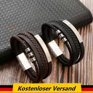 Herren Armband Schwarz Echtes Leder Edelstahl Magnetverschluss Männer Geschenk - Bild 1 von 18