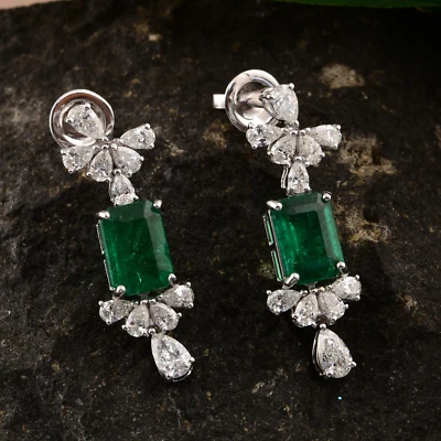 5.92 Tcw Zambian Emerald Lab Grown CVD Diamond Dangle Earrings 18k White Gold - Image 1 of 4