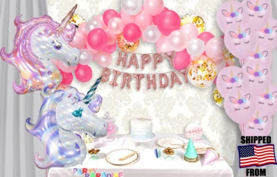 138 piezas Completo LÁSER ROSA GLOBO CONFETI Guirnalda UNICORNIO FELIZ CUMPLEAÑOS FIESTA Foto 1 de 4