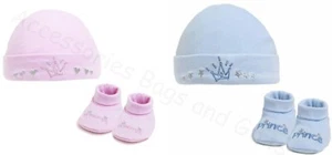 New Born Baby Princess or Prince Gift Sets, Hat & Booties Set 100% Cotton NB-3Ms - Picture 1 of 8