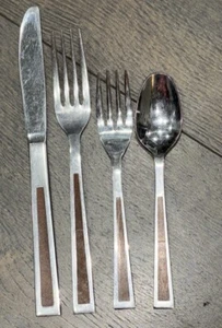 Vintage  MCM   Utensils Japan Stainless Wood Inlay Place Setting - Picture 1 of 3