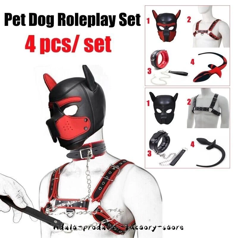4PCS Puppy Hood Role Play Dog Mask Puppy Cosplay Chest Harness Strap Dog Tail - Image 1 of 4
