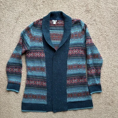 LL Bean Sweater Womens Medium Cardigan Aztec Blue Red Long Sleeve Cowl Neck - Image 1 of 4