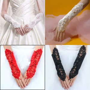 Women's Long Fingerless Gloves Lace Net Mittens Fancy Party Prom Evening Wedding - Picture 1 of 24