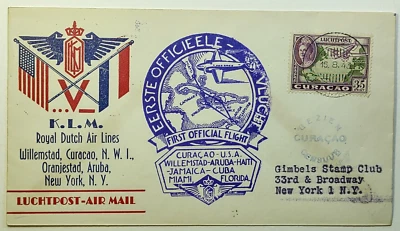 1943 Curacao Netherlands KLM First Official Flight Aruba to NYC Airmail Cover - Image 1 of 2