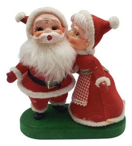 Red Flocked Kissing Santa and Mrs Claus 1950s Kris Kringle St Nick Vintage MCM - Picture 1 of 8