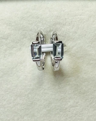 Small 925 Sterling Silver Natural Santa Maria Blue Aquamarine Hoop Earrings - Image 1 of 4