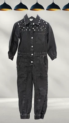 Ex River Island Girl’s Denim Embellished Jumpsuit in Black (A Bit Defect) - Image 1 of 2