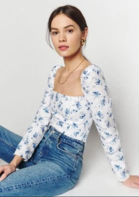 Top floral de lino Reformation Khloé talla 0 Cottagecore bohemio recortado costero Foto 1 de 4