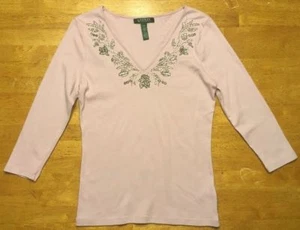 Ralph Lauren Women's Purple 3/4 Sleeve V-Neck Blouse Shirt Bead Detail Size: XS - Picture 1 of 11