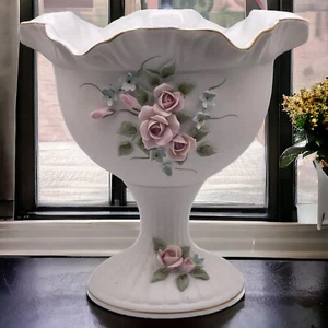 VTG 50’s LEFTON White Pedestal Applied Flowers Porcelain Rose Bowl Vase - Picture 1 of 8