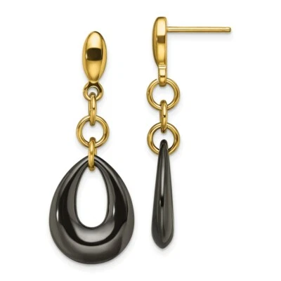 Stainless Steel Polished Yellow IP Blk Ceramic Post Dangle Earrings - Image 1 of 4