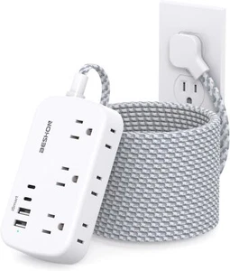 Extension Cord 25 Ft, Flat Plug Power Strip with 6 Outlets 4 USB White - Picture 1 of 7