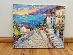 Italienische Riviera Küste Ölgemälde auf Leinwand Sommer Seelandschaft Gemälde - Picture 1 of 9