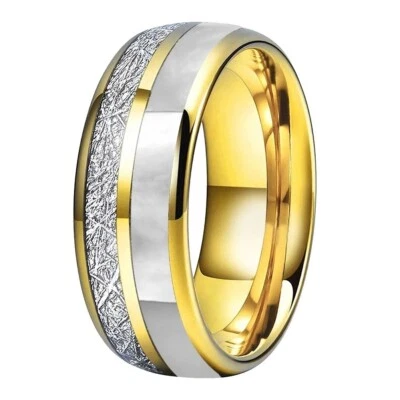 Tungsten Carbide Ring Meteorite Pearl Shell Inlay Wedding Engagement Jewelry - Image 1 of 4