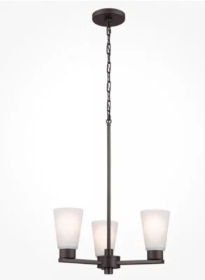 KICHLER Stamos Lámpara de araña de bronce antiguo de 18 pulgadas y 3 luces con pantallas de vidrio grabado satinado Foto 1 de 2