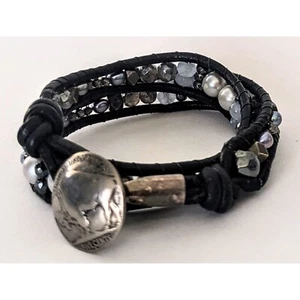 Sterling Silver Pearl Gemstone Leather Wrap Bracelet Buffalo Nickle Clasp 15" - Picture 1 of 8