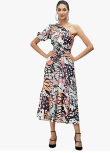 eShakti One-Shoulder Schmetterling Print Krepp Rüschen Volant Kleid XL - Bild 1 von 12