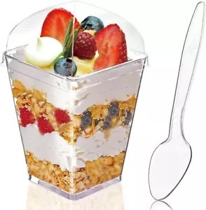 50 Pack 5oz Clear Dessert Cups - Reusable Square Parfait Cups with Lids & Spoons - Picture 1 of 6