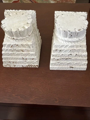 Pottery Barn Architectural Candle Pillar Holders Ivory Carved  Solid Wood Set - Image 1 of 4