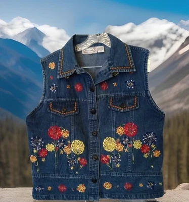 Carrie Allen Denim Vest L Darling Vintage Y2K Embroidery Top Women’s Size Large - Image 1 of 4