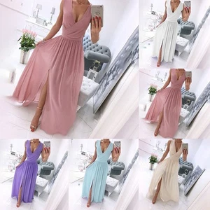 Beautiful Apricot Chiffon V Neck Bridesmaid Dress with High Split and Ball Gown - Picture 1 of 18