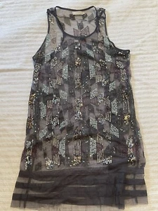 Cream clothing Label Grey Sheer Long Top Dress With Sequins Beads Size L Boho - Picture 1 of 9