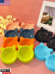 Double Cat Bowl Feeder Non-Slip Plastic Dog Pet Puppy Water Food Feeding Dish US - Picture 1 of 12