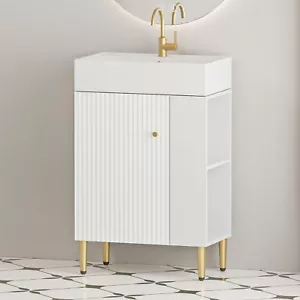 21.6" Bathroom Vanity with Ceramic Sink Storage Cabinet W/ Door Open Shelf White - Picture 1 of 11