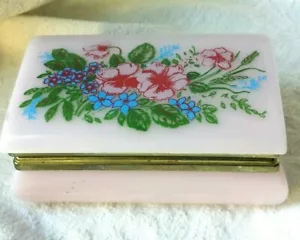 VINTAGE Vanity SCATOLA PORTAGIOIE plastica rosa HONG KONG cerniera ottone dipinto FIORI - Foto 1 di 8