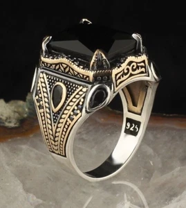 Men's Natural Stone Handmade Men's Ring Jewelry Silver Ring Black Zircon Stone - Picture 1 of 3